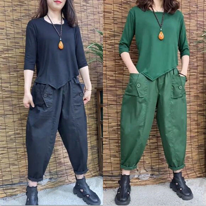 夏季薄款棉质妈妈裤子夏天高腰显瘦九分裤松紧腰中年哈伦裤子女