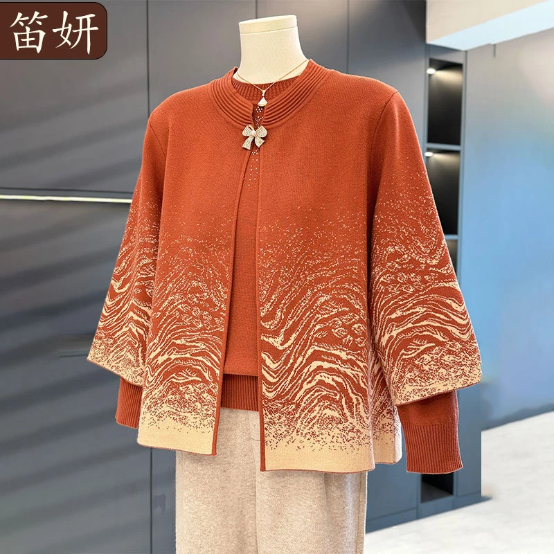 时尚休闲中老年毛衣两件套女奶奶开衫秋冬新款气质妈妈装针织套装
