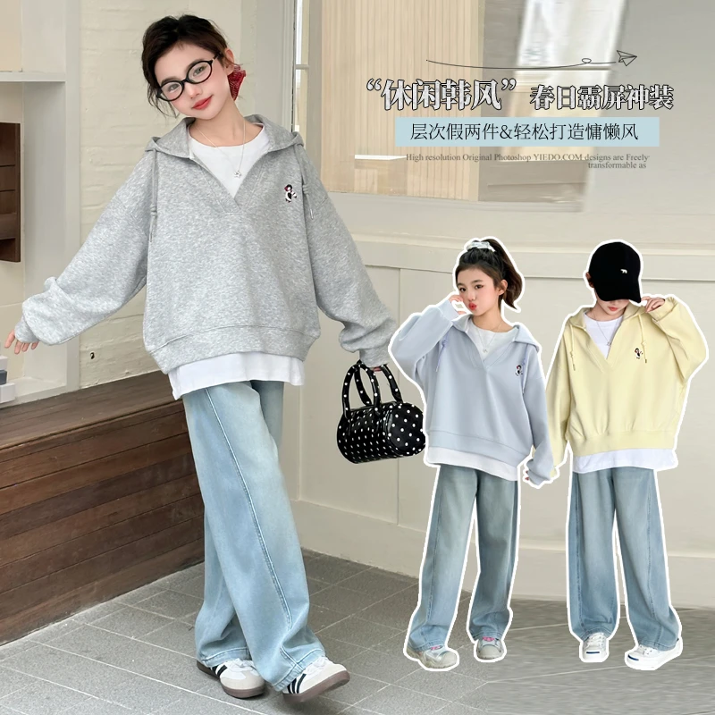 女童春秋卫衣2025新款洋气大童春季儿童春装牛仔裤套装女孩宽松