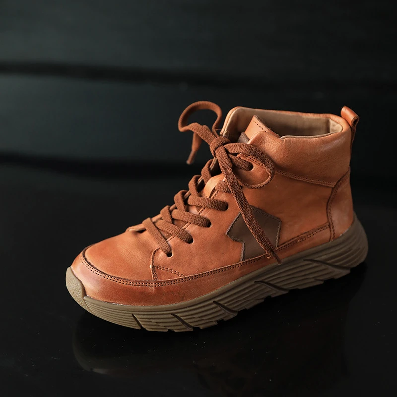 复古牛皮女式圆头拼接系带平底短靴软底真皮通勤短靴