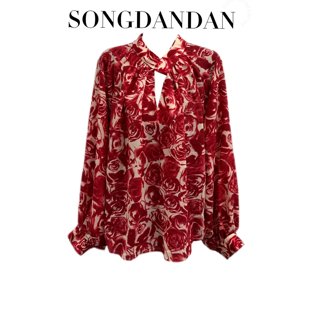 【DDS】春季新款长袖显瘦气质印花宽松镂空韩版衬衣