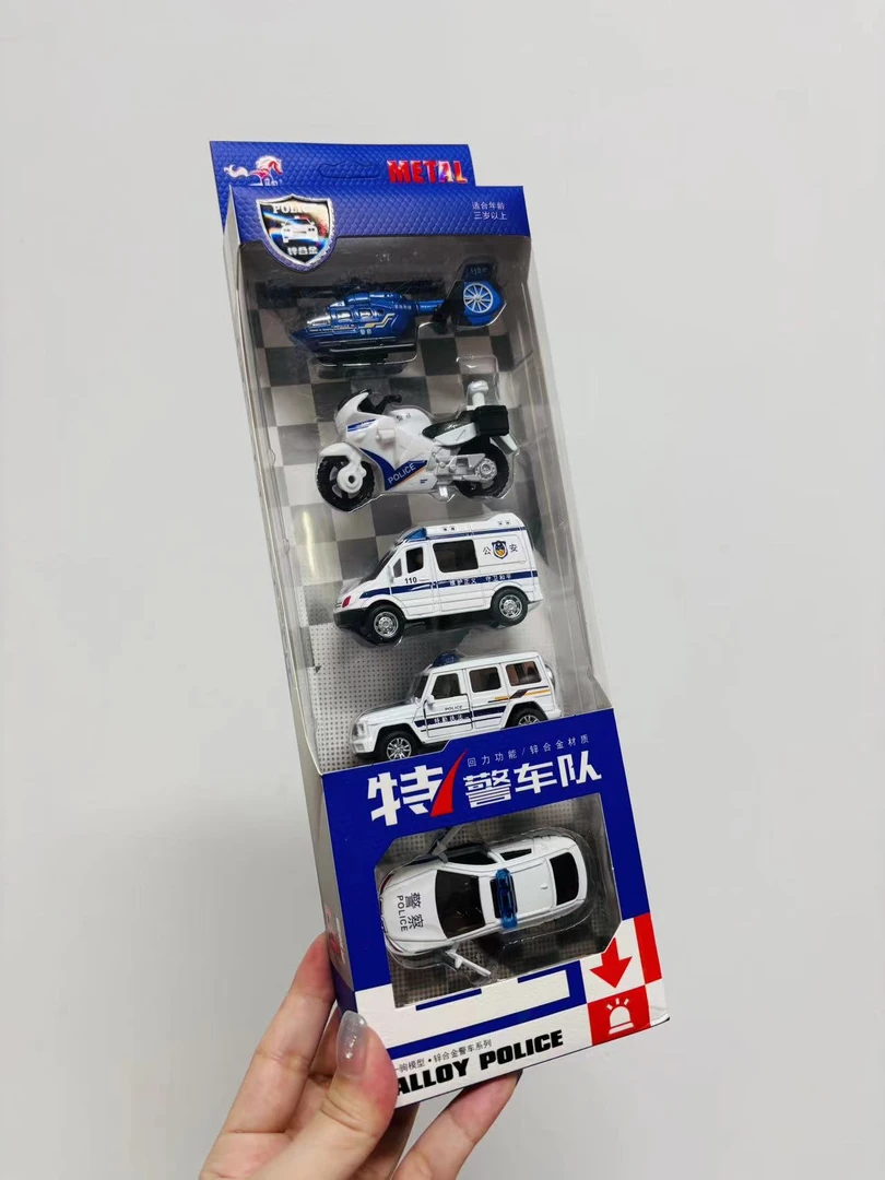 合金警察小车条车套盒模型车-白5