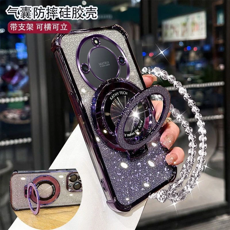 四角防摔荣耀X40手机壳RMOAN00女款护镜流行闪粉支架手链软硅胶防