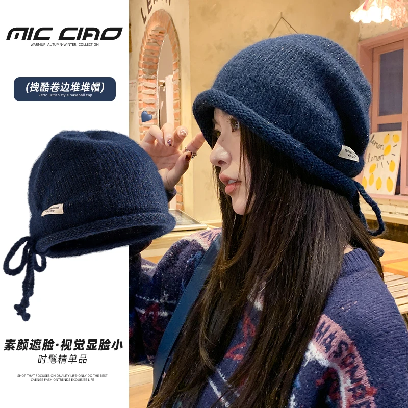 针织帽子女2025新款卷边堆堆帽大头围显脸小护耳套头帽宽松包头帽