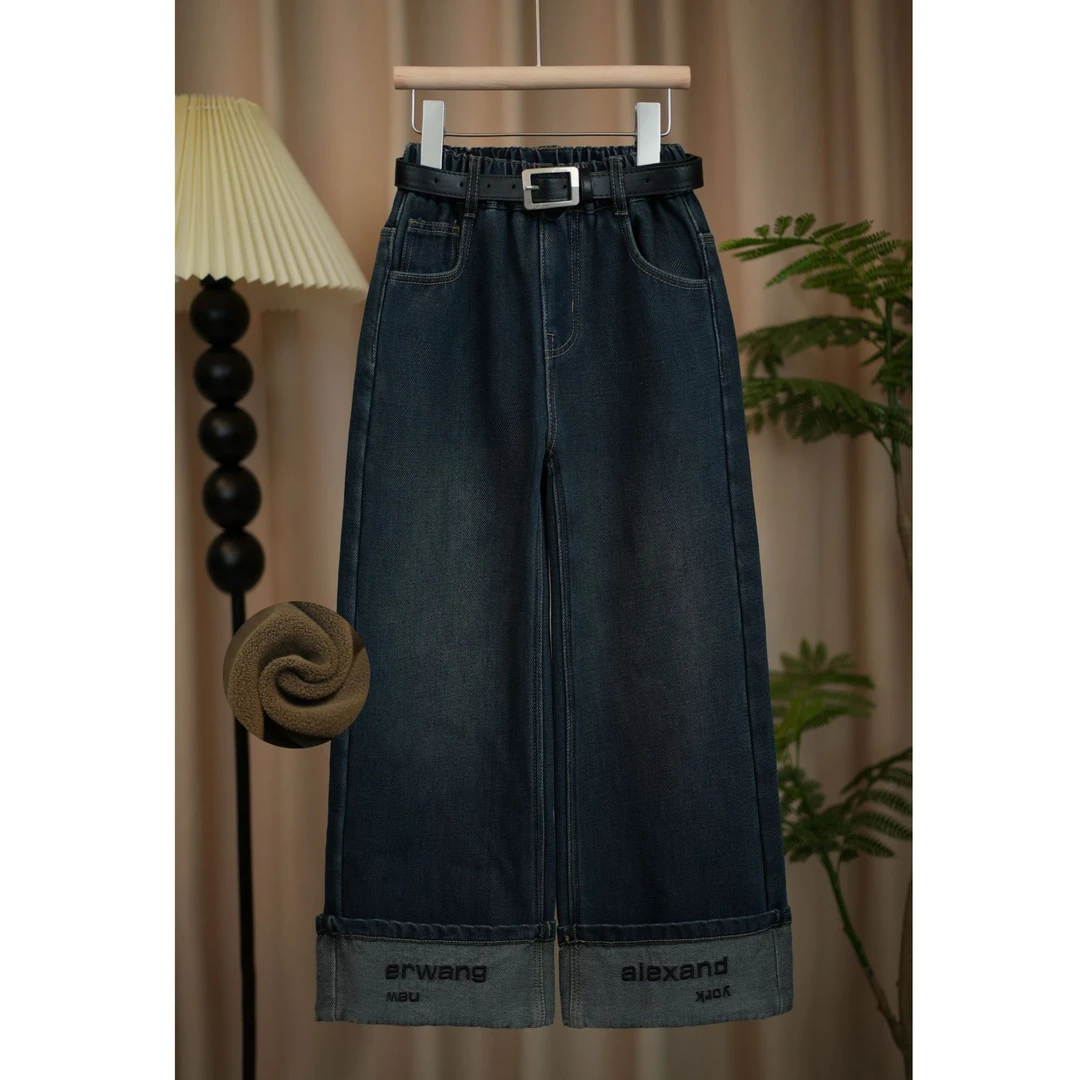 女童加绒牛仔裤2025冬季新款裤脚刺绣中大童百搭儿童直筒裤Y201