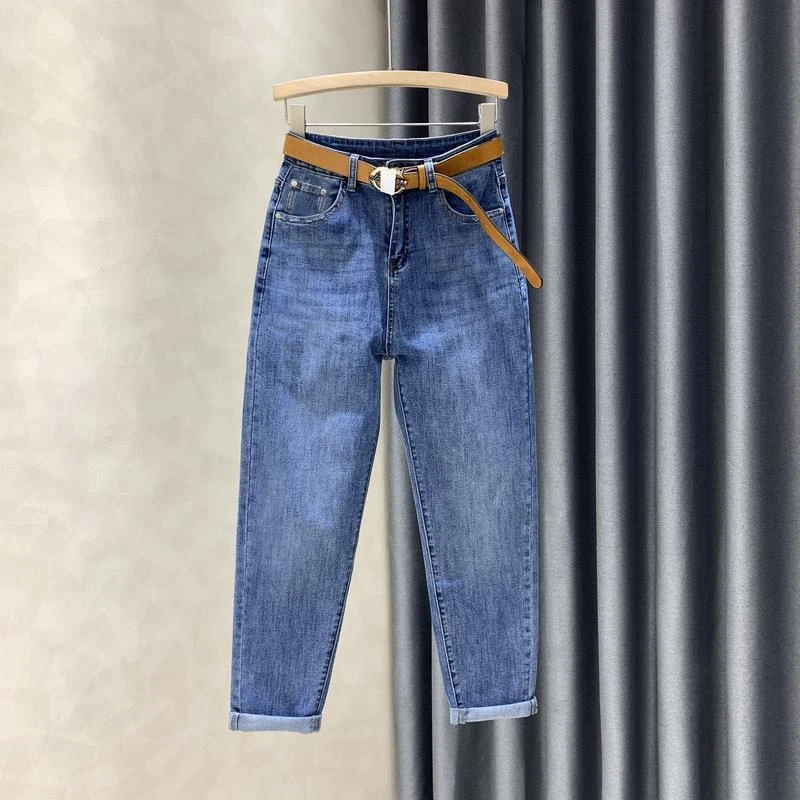 蓝色女士牛仔裤2025冬季加绒宽松高腰显瘦小脚哈伦老爹裤女裤子女