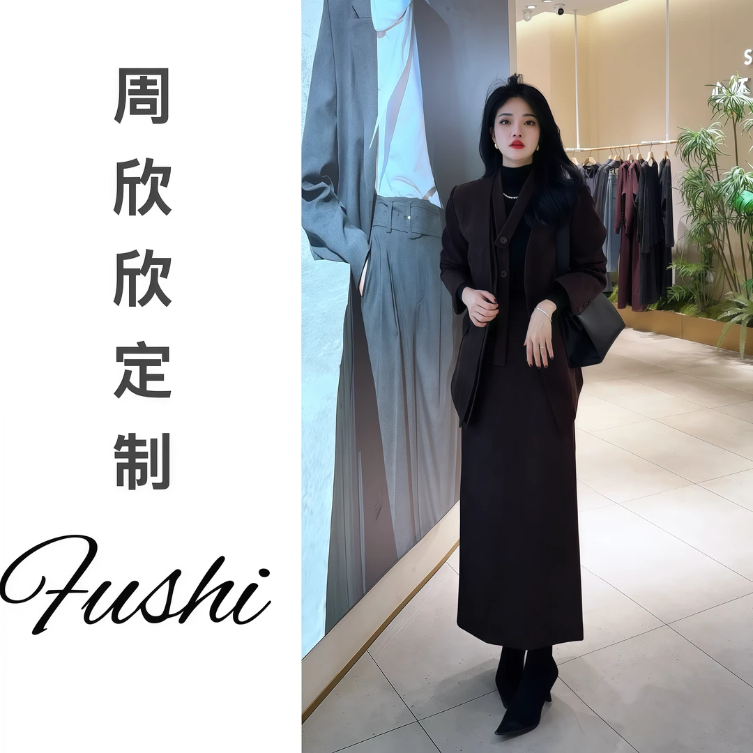 【欣欣】【现货】加棉高级气质西装外套+高腰松紧半身裙套装