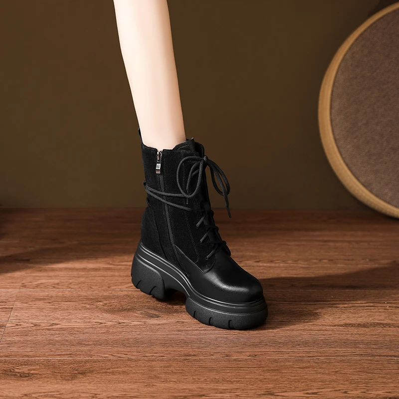 11.5cm秋冬粗跟厚底短靴小个子时尚百搭真皮绑带女靴子休闲内增高