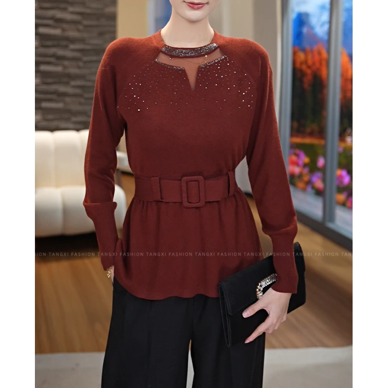 2025秋冬新款【LT-1253JR】含绵羊毛配腰带显瘦收腰烫钻针织上衣