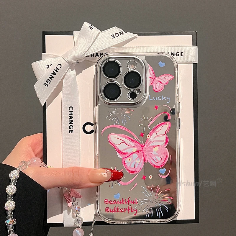 彩色烟花粉色蝴蝶适用苹果16ProMax手机壳新款iPhone15补妆镜面14