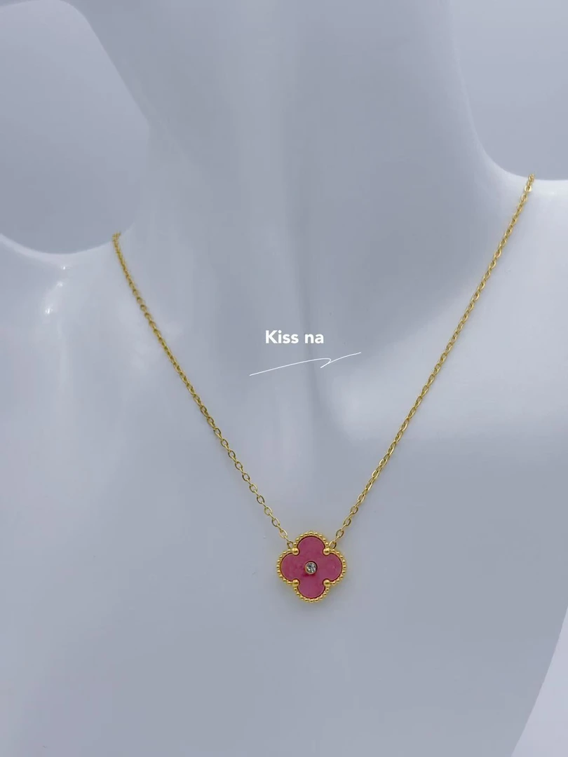 钛钢项链 【Kiss娜】钛钢3598时尚粉色蔷薇四叶花加锆石项链耳钉