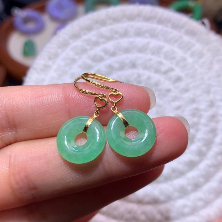 翡翠耳饰18K金镶嵌冰阳绿甜甜圈耳钩