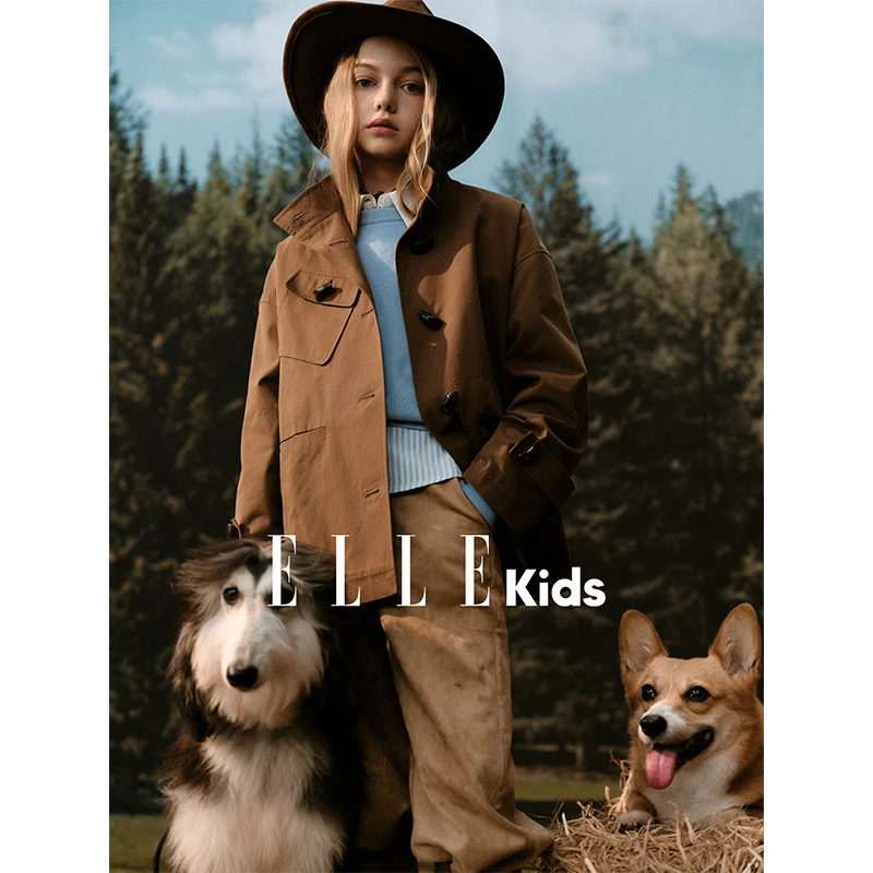 ELLE KIDS 童装设计感斜口袋牛角扣工装休闲外套复古可立领学院Q3