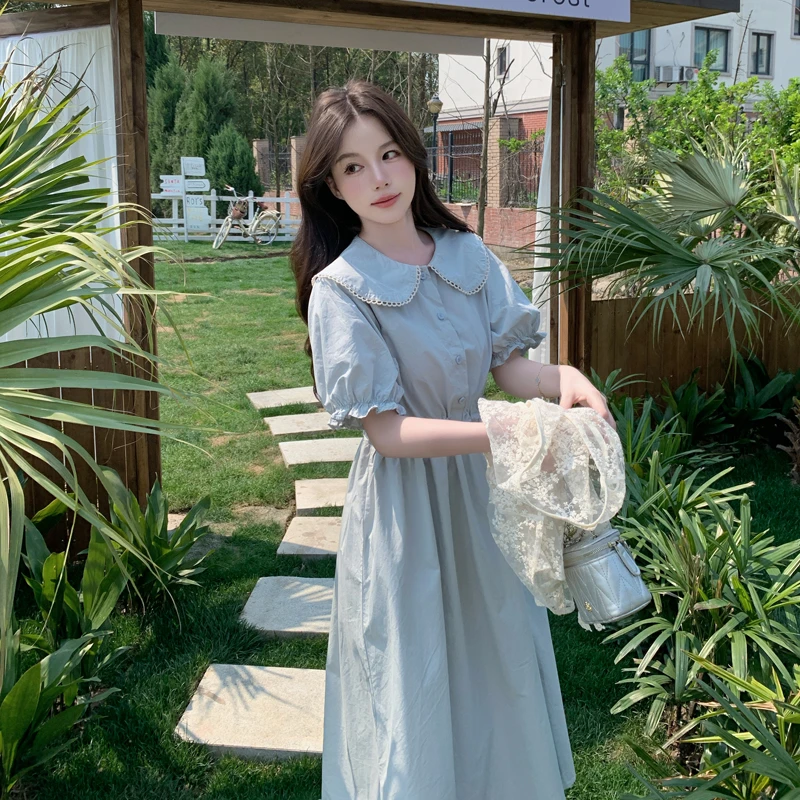 少女学院风娃娃领甜美中长款显瘦连衣裙夏季