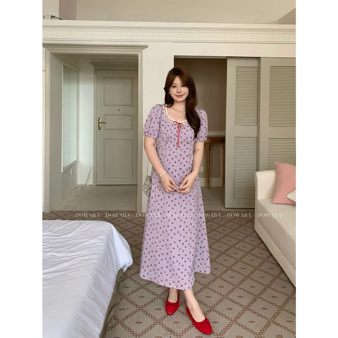 现货9327X大婉酱千千微胖定制【紫鸢】 夏季碎花连衣裙显瘦洋气长裙