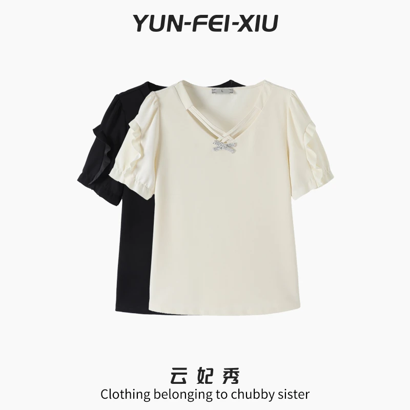 云妃秀大码女装上衣时尚气质V领荷叶边宽松显瘦气质T恤春季68071
