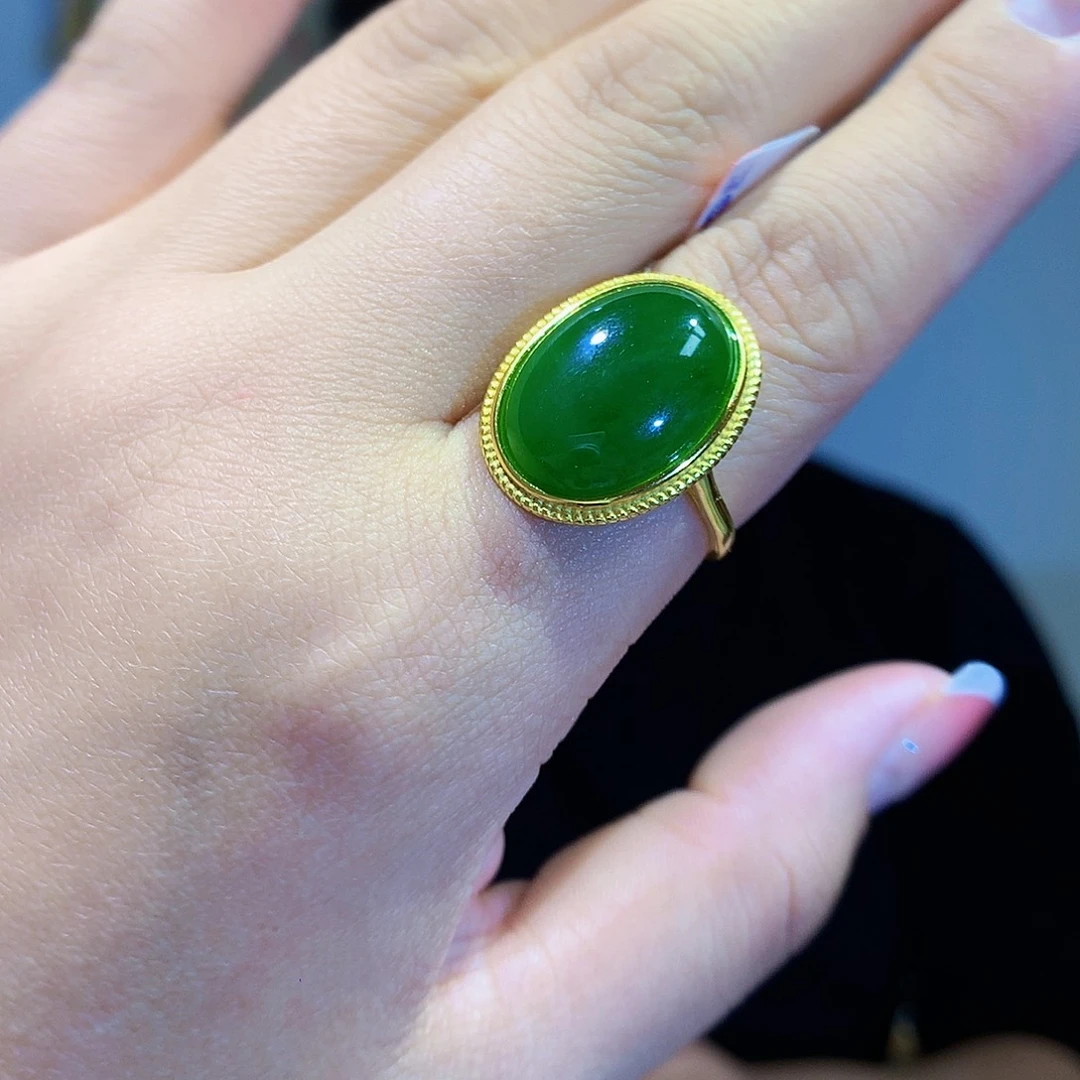 和田玉（碧玉）戒指银S925镀金镶嵌