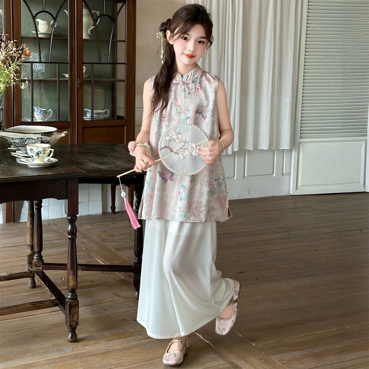 女童新中式国风套装2025新款夏季无袖旗袍上衣儿童阔腿裤两件套潮