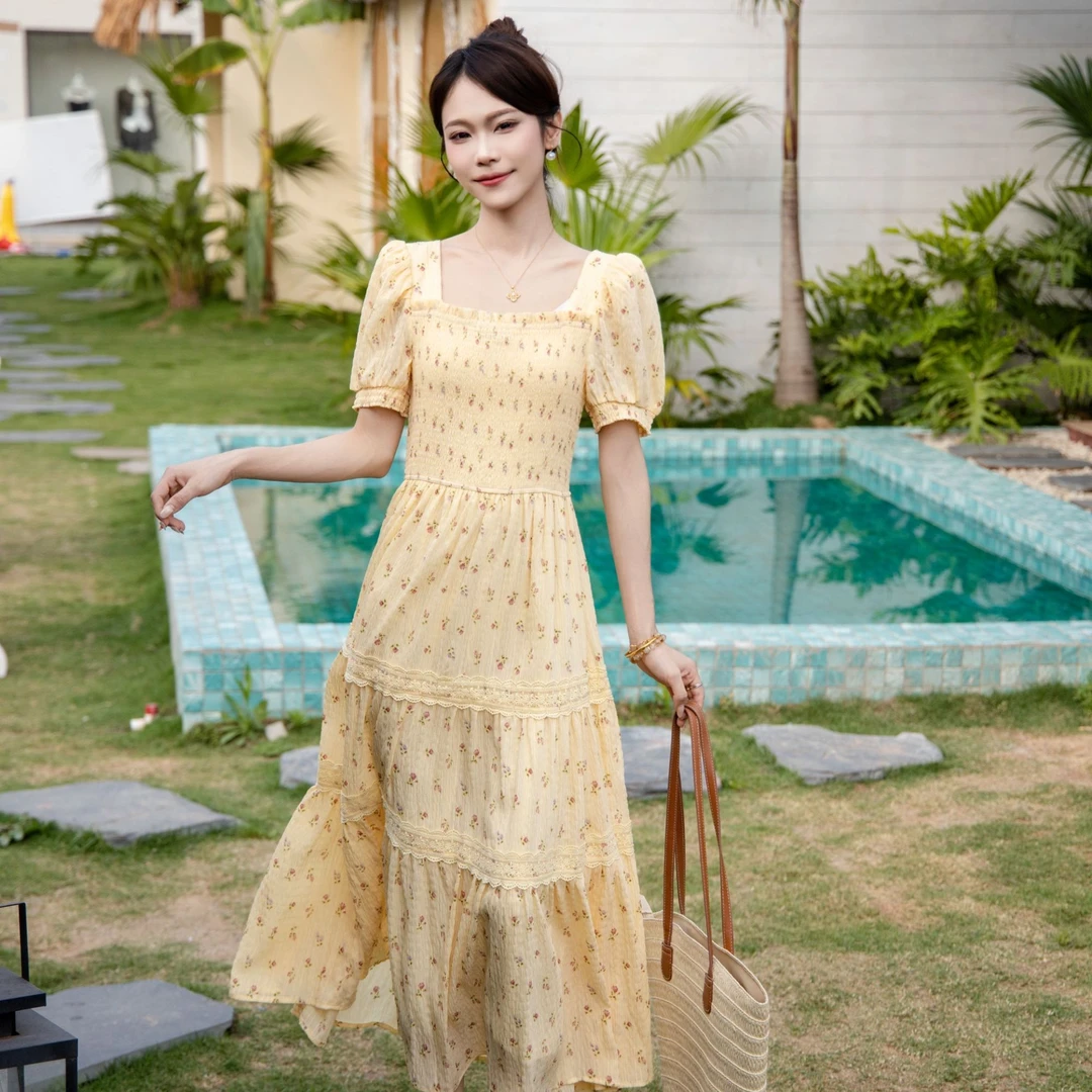 ON&ON/安乃安【黄玫瑰】夏新款法式松紧打揽碎花连衣裙-N5SW1634591