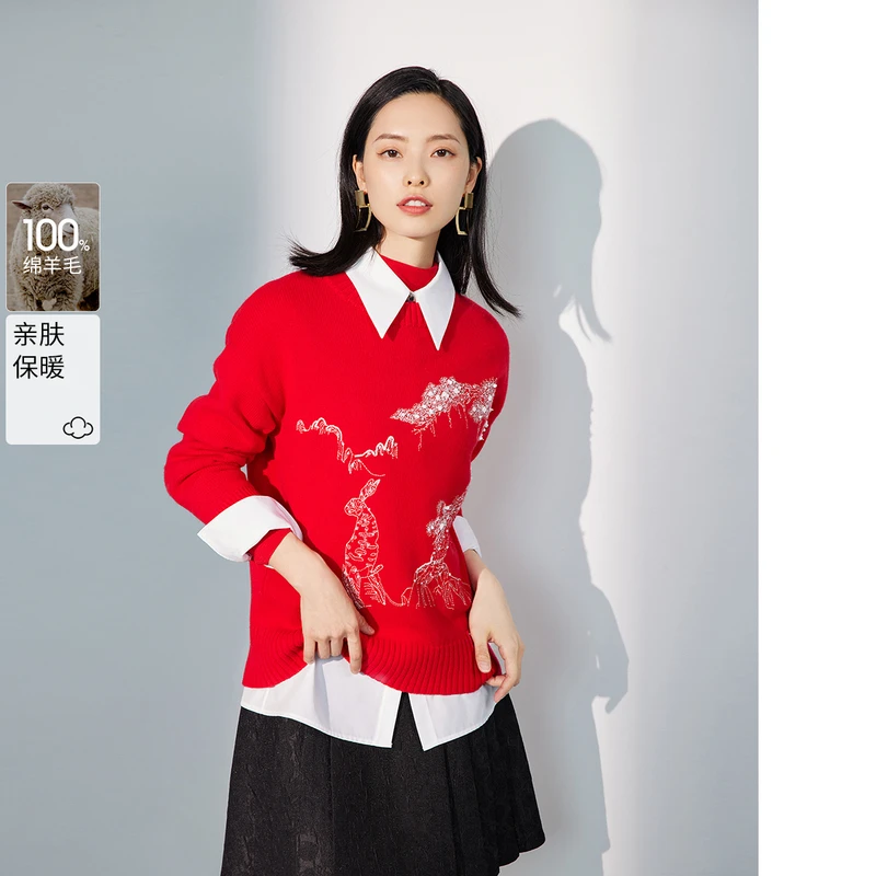 【燕子专属】【国潮无龄感刺绣毛衫】BBLLUUEE粉蓝衣橱商场同款绵羊毛