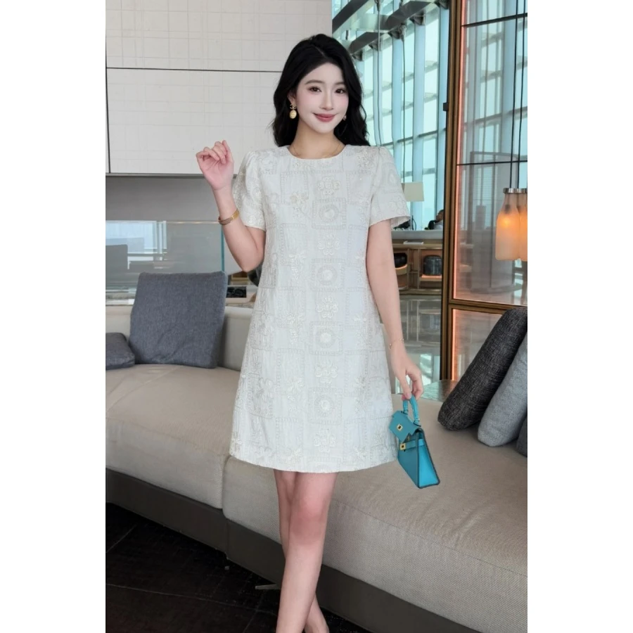 重工亮片刺绣蕾丝连衣裙2025夏季新款小个子显高显瘦短袖A字裙