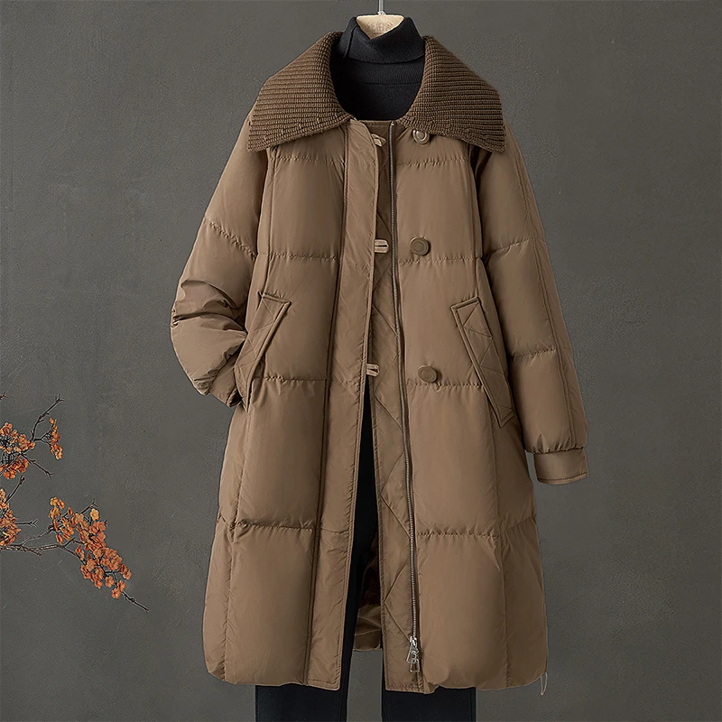 丝柏舍2025冬新款女纯色中长款宽松拼接翻领90羽绒服S44B4644Y