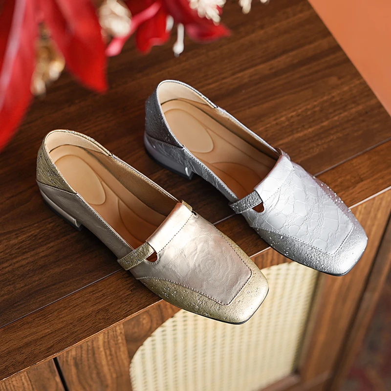 2.5cm/牛皮+羊皮/时尚粗跟单鞋女春季新款方头低跟深口小皮鞋女