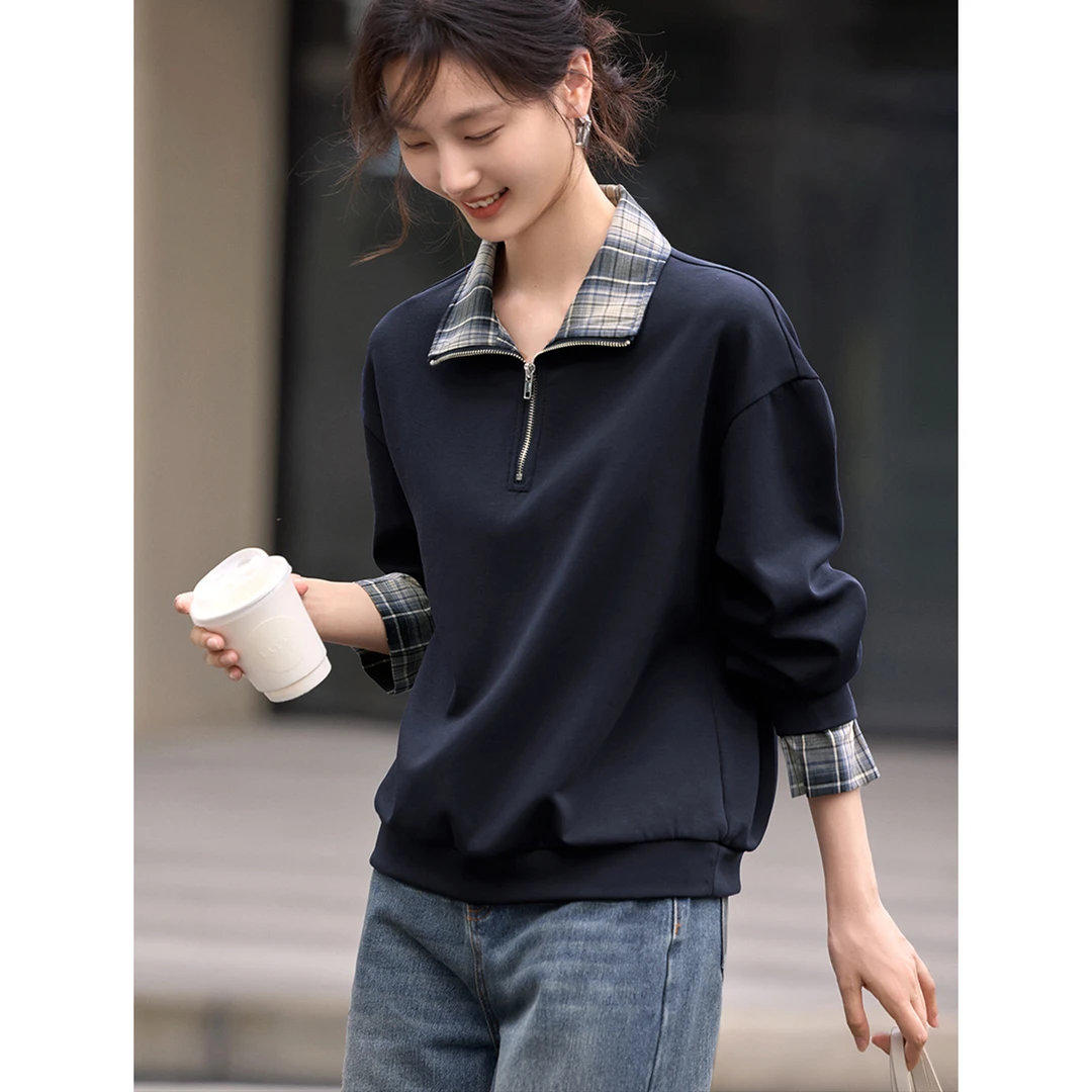 XWI/欣未2025秋季新轻休闲通勤拼接格纹翻领卫衣翻领拼接格纹卫衣