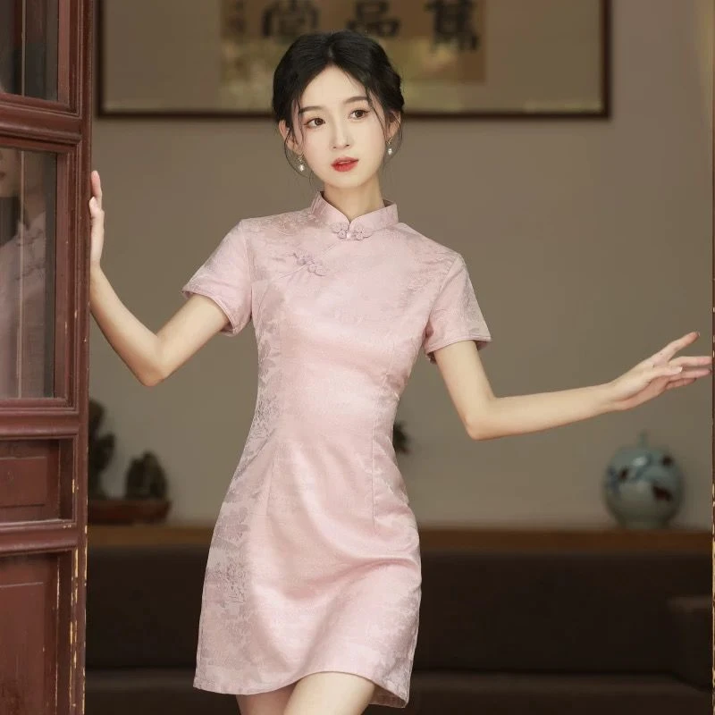 粉色旗袍短款新款2025改良年轻款少女夏季小个子文艺复古日常可穿