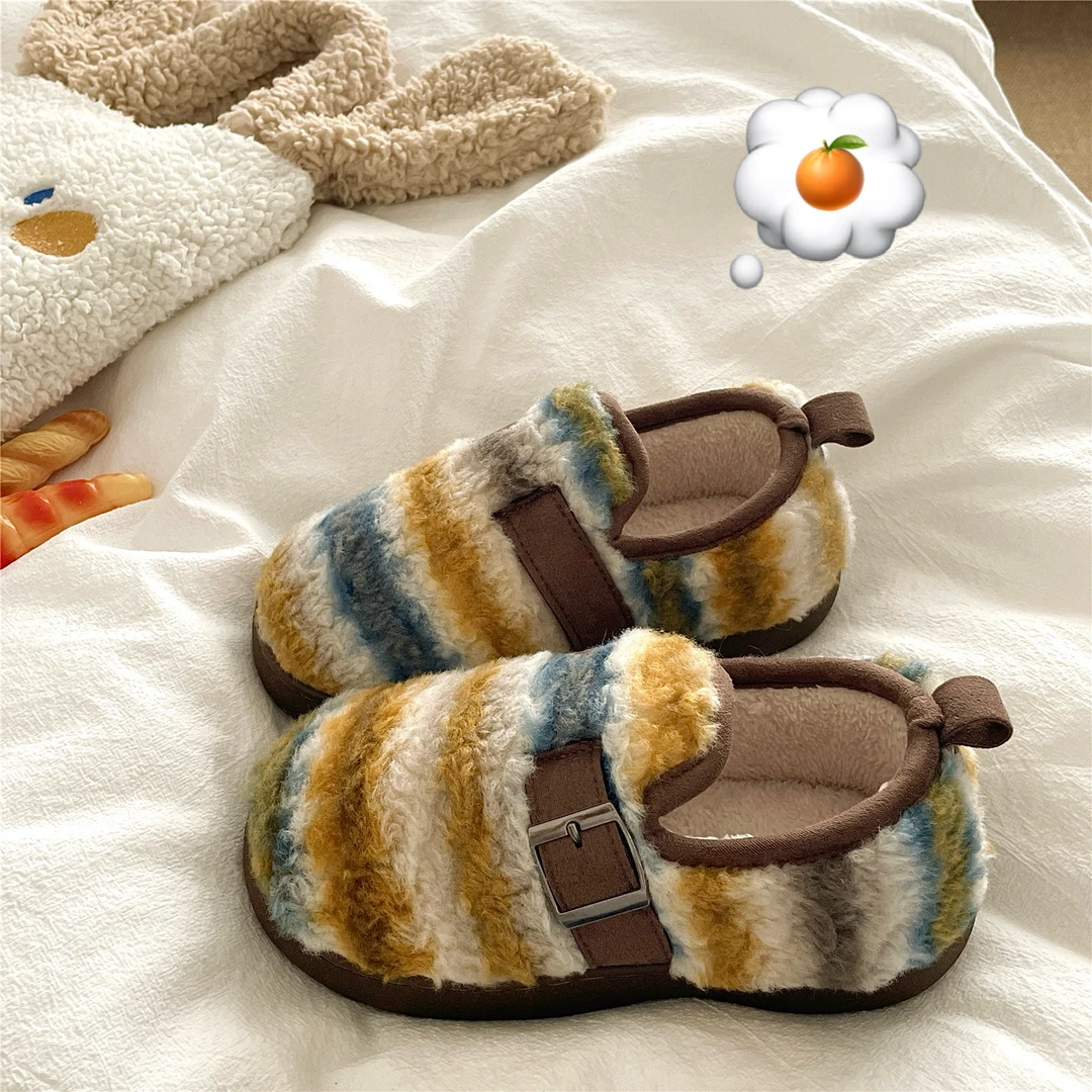 济州岛的海~！撞色ins条纹包跟棉鞋女外穿厚底加绒冬季毛毛棉拖鞋
