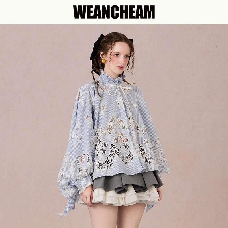 WEANCHEAM未未姆神隐之夏欧若风蕾丝泡泡袖浪花衬衫女装W15CXT017