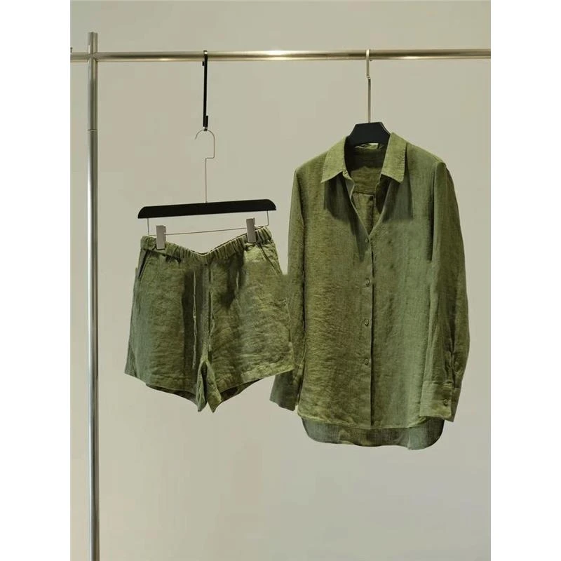 300斤大码绿色亚麻老钱风套装男夏装衬衫短裤休闲宽松时尚两件套2