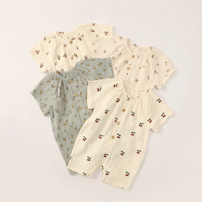 【透气亲肤】纯棉纱布北欧风婴儿短袖连体衣夏装半开襟宝宝婴儿衣服