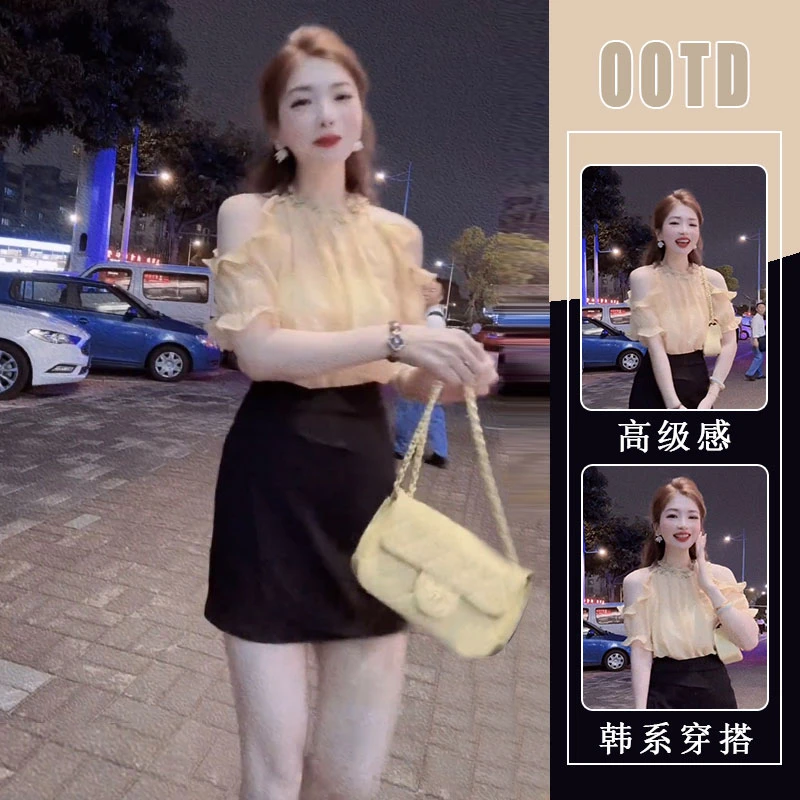 法式气质甜美挂脖露肩雪纺衬衫女2025夏木耳边短袖上衣半身裙套装