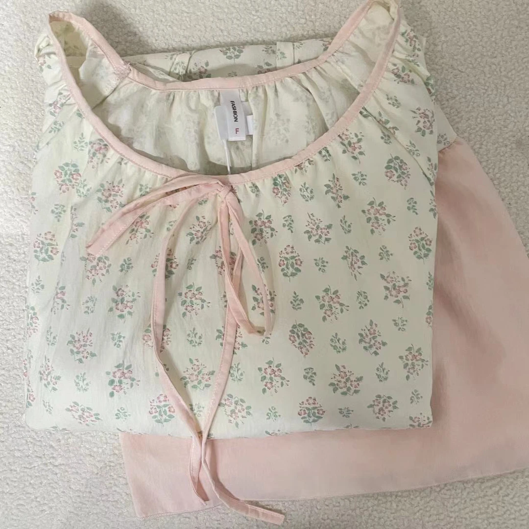 66-甜美清纯碎花长袖带胸垫可家居可外穿睡裙