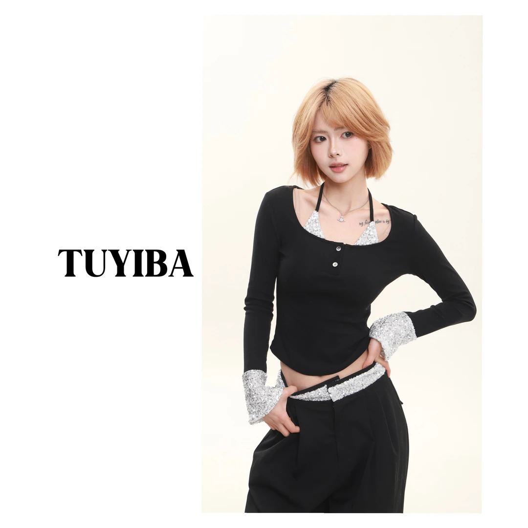 【兔兔】气质名媛亮片设计感长袖打底衫上衣女2576