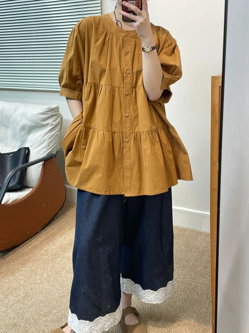 2025夏季新款短袖衬衣日系圆通单排扣宽松文艺复古娃娃衫衬衫女