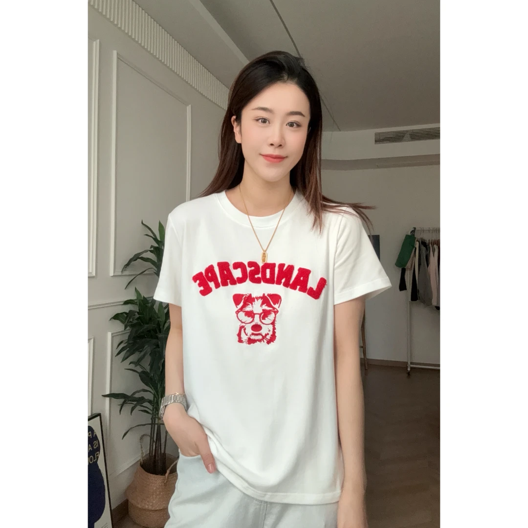 美亚恩NANA【雪纳瑞小狗T】圆领宽松红色植绒刺绣小狗短袖百搭C0164