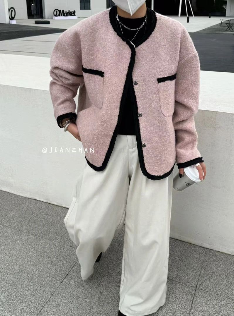 6273韩系小香风撞色圆领单排扣宽松百搭毛呢外套女2025秋季新款