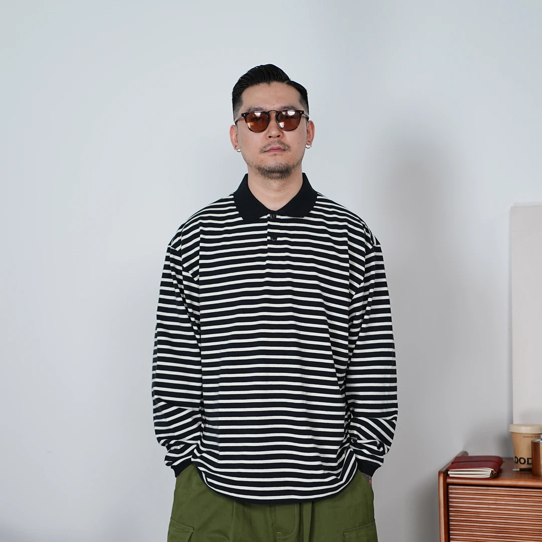 25FW秋季重磅港风cityboy休闲Polo衫宽松条纹长袖T恤复古打底衫