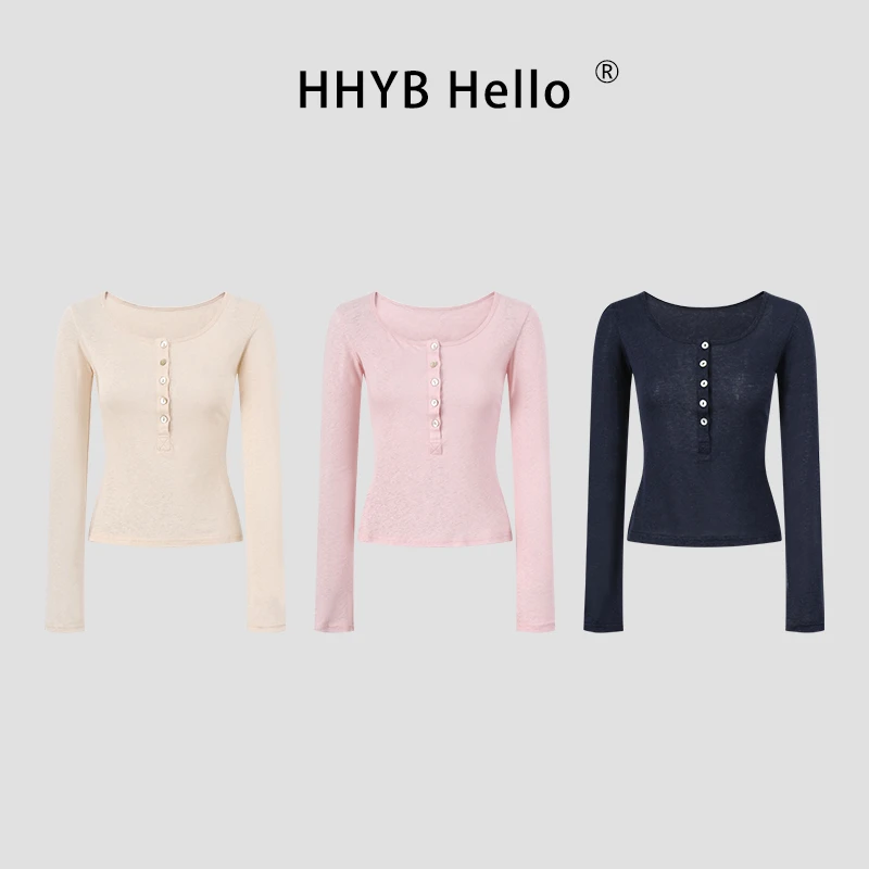 HHYB Hello韩系慵懒薄款亚麻长袖T恤女2025秋季新款小上衣250678