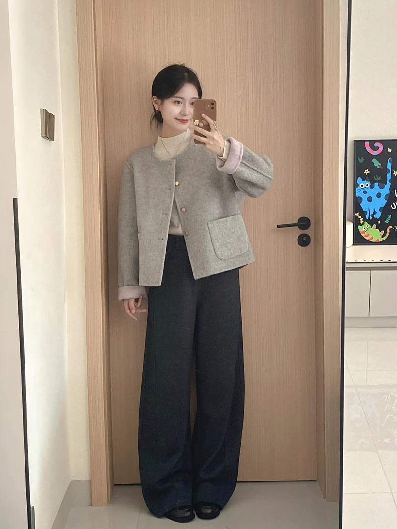 秋冬搭配一整套韩系穿搭正反两穿紫色毛呢外套内搭阔腿裤三件套装