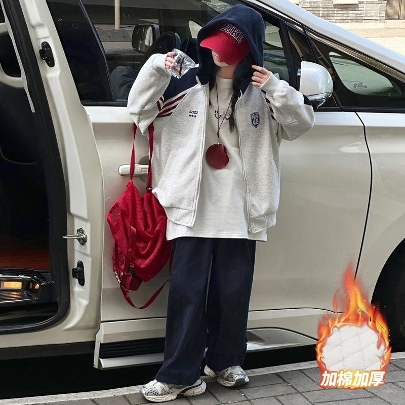 10-15岁大童女童外套秋冬夹棉加厚洋气初中生儿童学院风连帽上衣