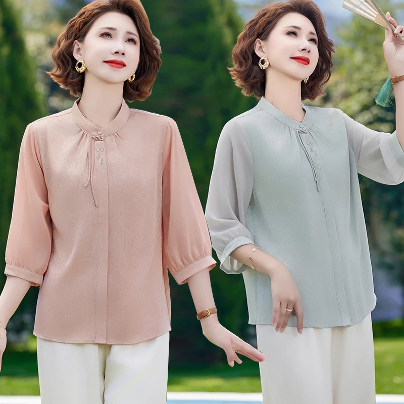 时尚妈妈夏装套装新款中老年女透气上衣宽松中年人休闲