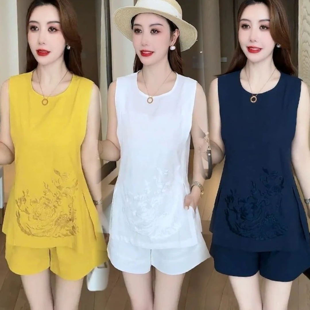 新中式国风套装女夏装麻料刺绣设计感无袖马甲上衣短裤气质两件套