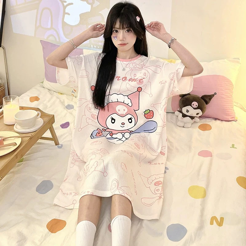 卡通夏季休闲薄款睡裙宽松大码少女连衣裙韩版可外穿短袖