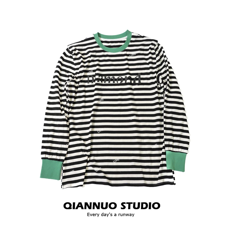 新款绿色袖拼接黑白条纹长袖t恤女打底衫宽松韩版上衣228205