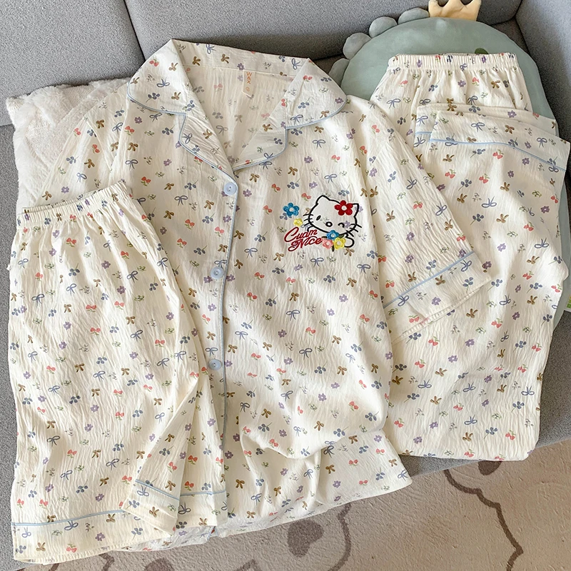 HelloKitty可爱云朵棉碎花睡衣女夏季短袖短裤长裤三件套装家居服