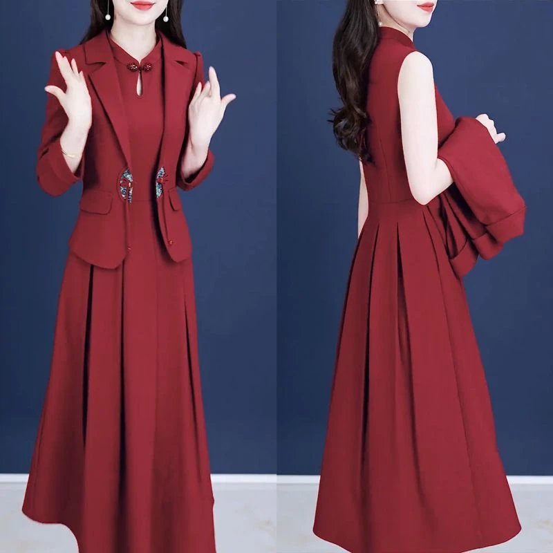 2025春秋季新款时尚女装显瘦国风盘扣长袖外套收腰中长裙两件套装