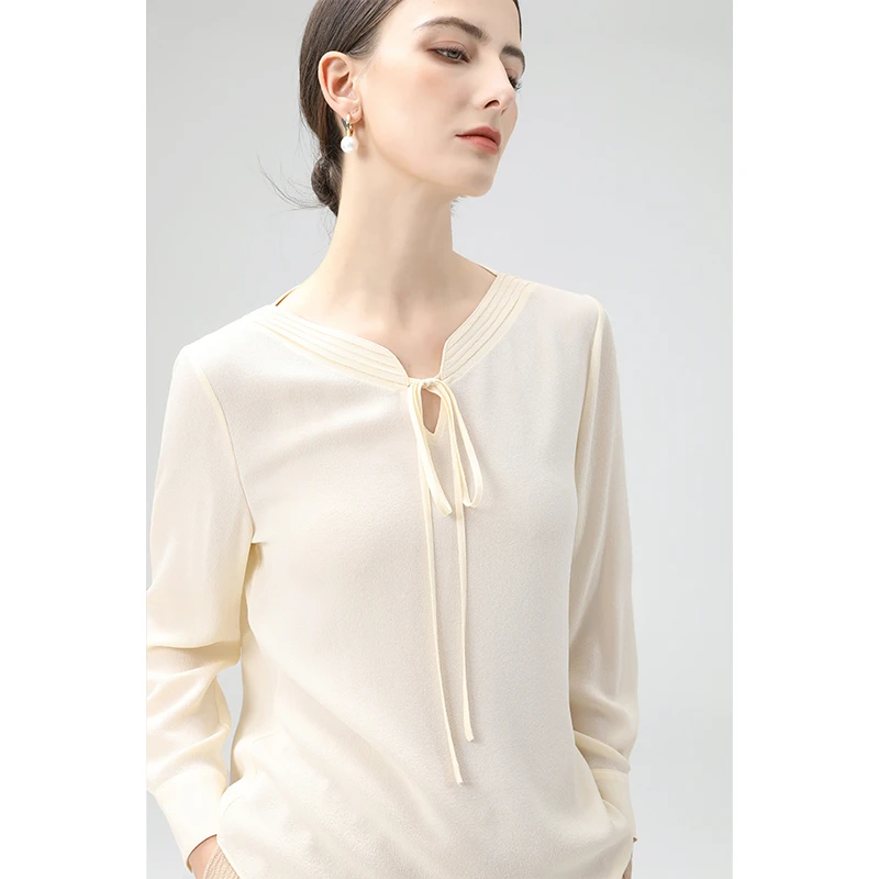 【鬼绉桑蚕丝】珍珠白真丝衬衫2024秋季新款V领轻奢时尚系带上衣女